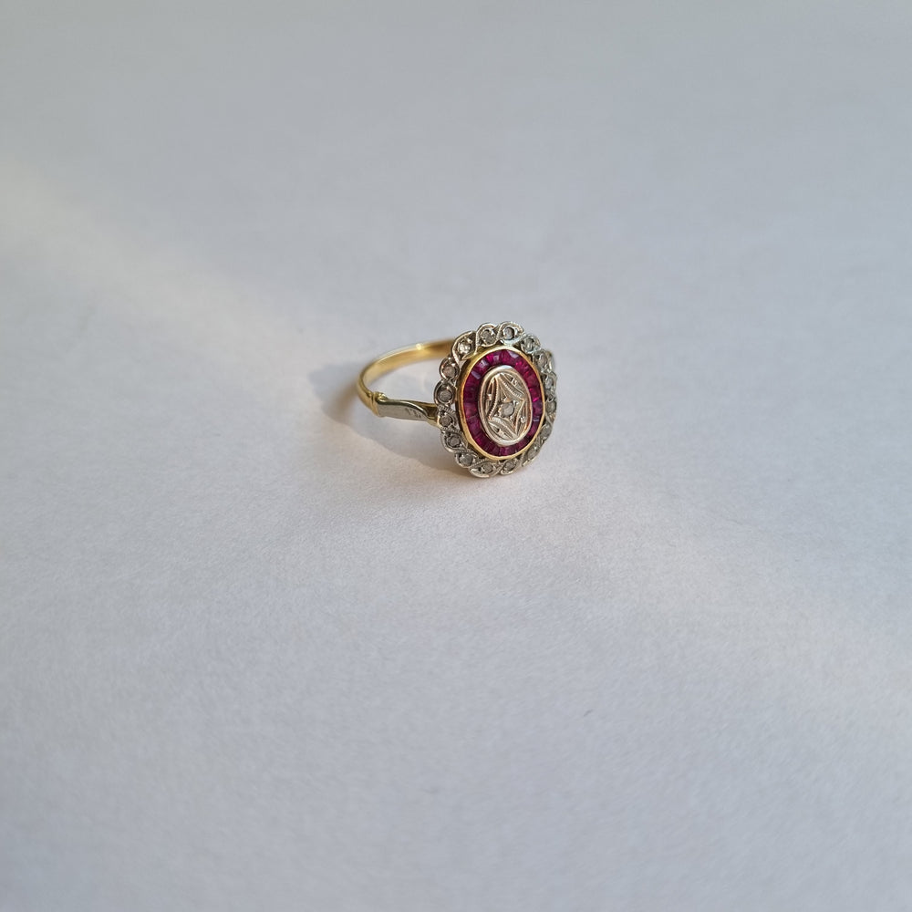 
                
                    Load image into Gallery viewer, 18kt gold and platinum art deco oval ruby and diamond antique ring
                
            