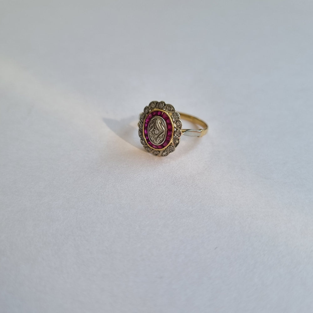 
                
                    Load image into Gallery viewer, 18kt gold and platinum art deco oval ruby and diamond antique ring
                
            