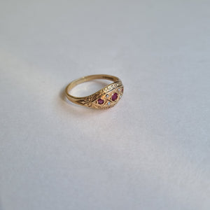 
                
                    Load image into Gallery viewer, Vintage 9kt gold ruby and pearl engraved detailed ring
                
            
