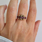 Antique 15kt gold amethyst and pearl scrolling and engraved ring