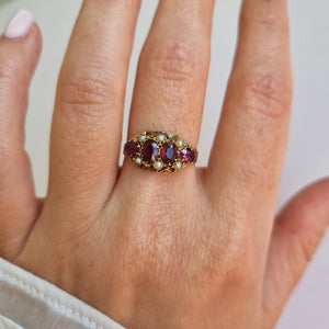 
                
                    Load image into Gallery viewer, Antique 15kt gold amethyst and pearl scrolling and engraved ring
                
            