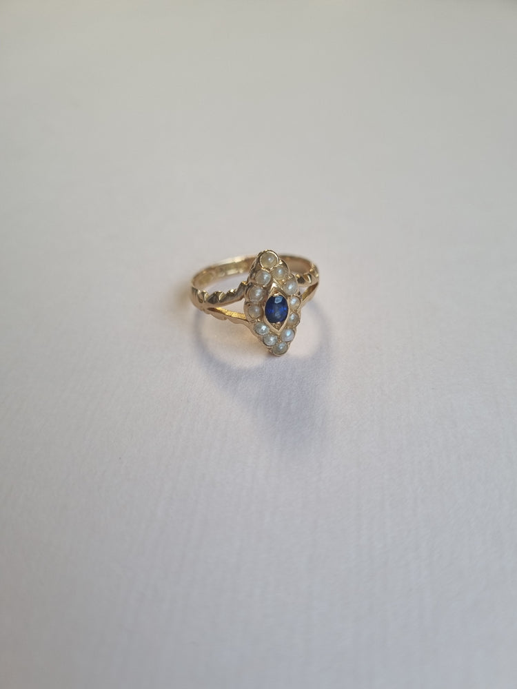 
                
                    Load image into Gallery viewer, Antique 18kt gold sapphire and pearl marquise ring
                
            