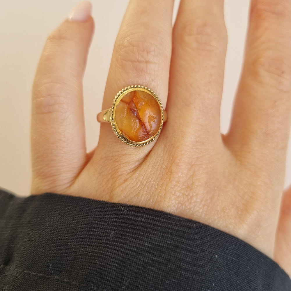 
                
                    Load image into Gallery viewer, Orange agate hand engraved unique signet ring
                
            